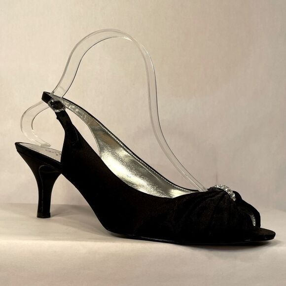 Elegant Satin Black Peep-Toe Heels with Rhinestones EUC Size 10 - Picture 3 of 7